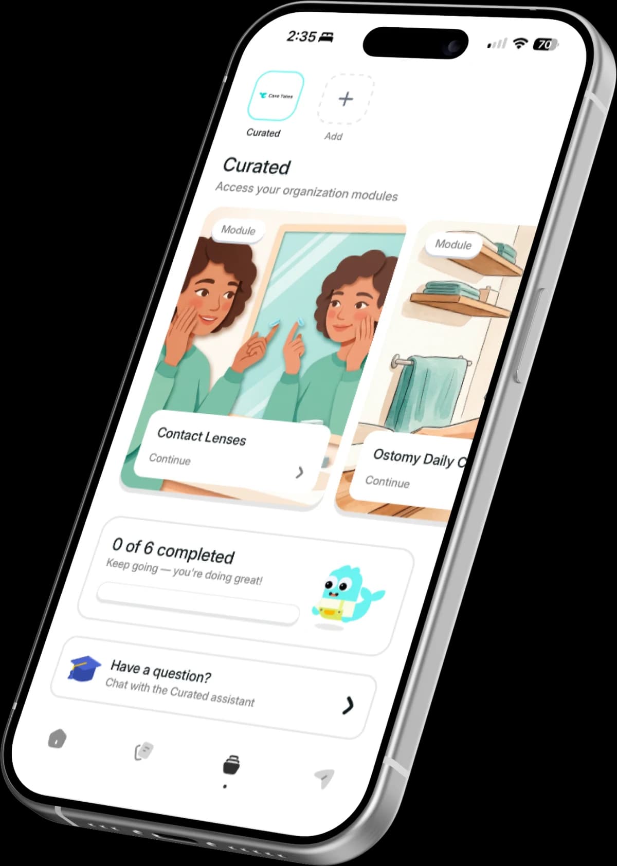 The Care Tales app showing a patient's curated modules