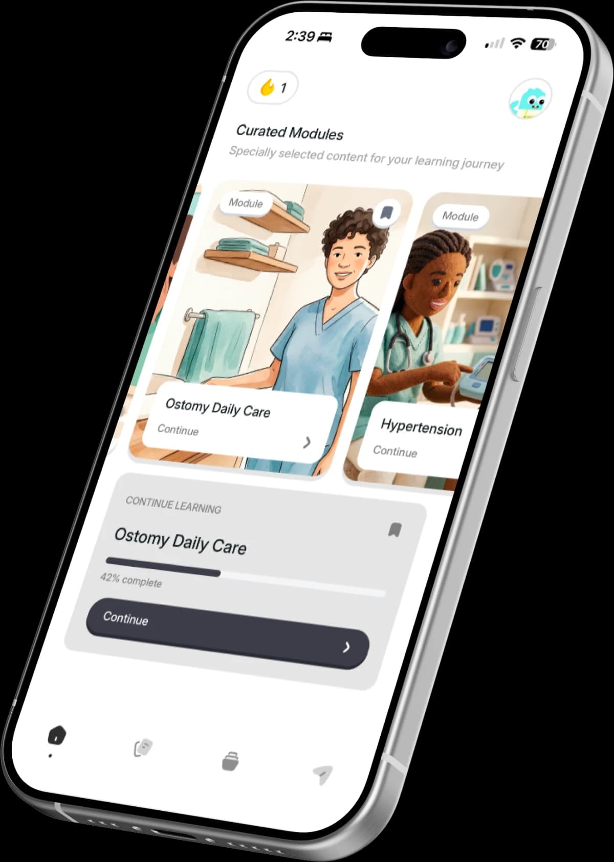 The Care Tales app showing a patient's curated modules