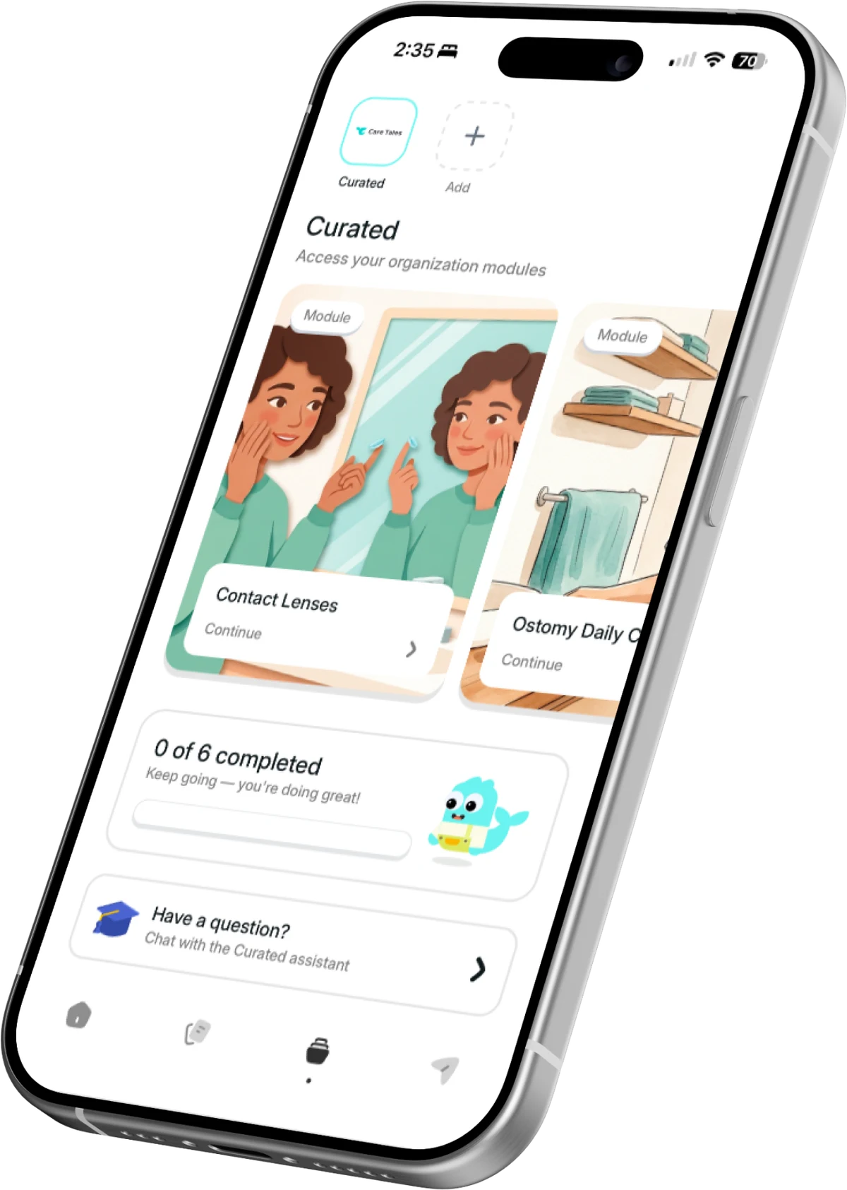 The Care Tales app showing a patient's curated modules