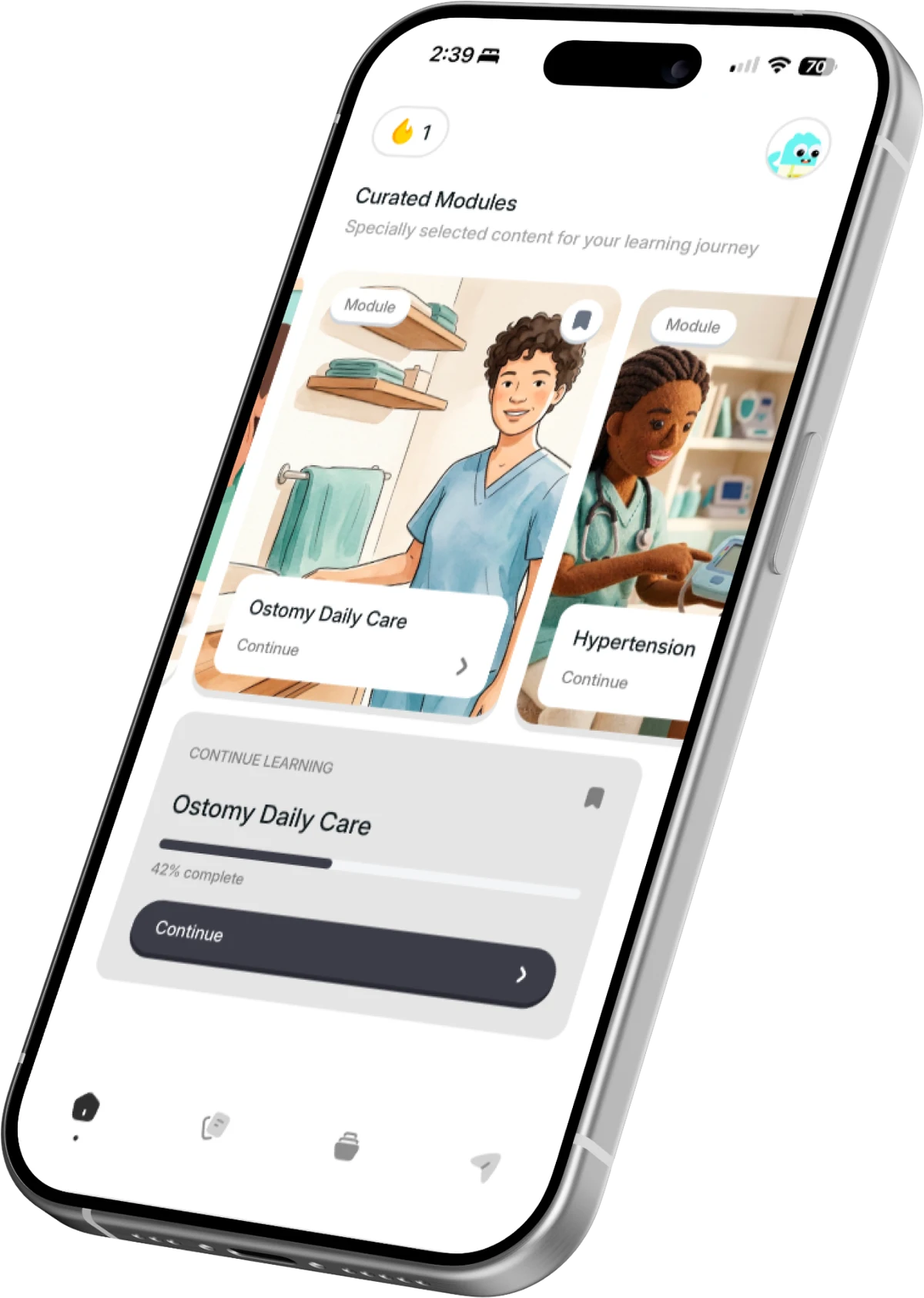 The Care Tales app showing a patient's curated modules